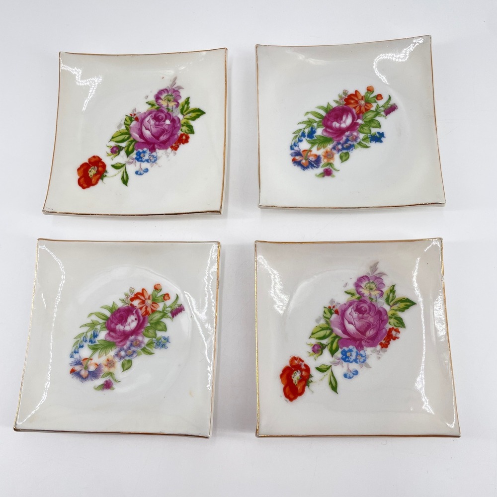 Porcelain Floral Butter Pat Trinket Dish x4 Rose Floral Gold Trim Japan  3.5 in